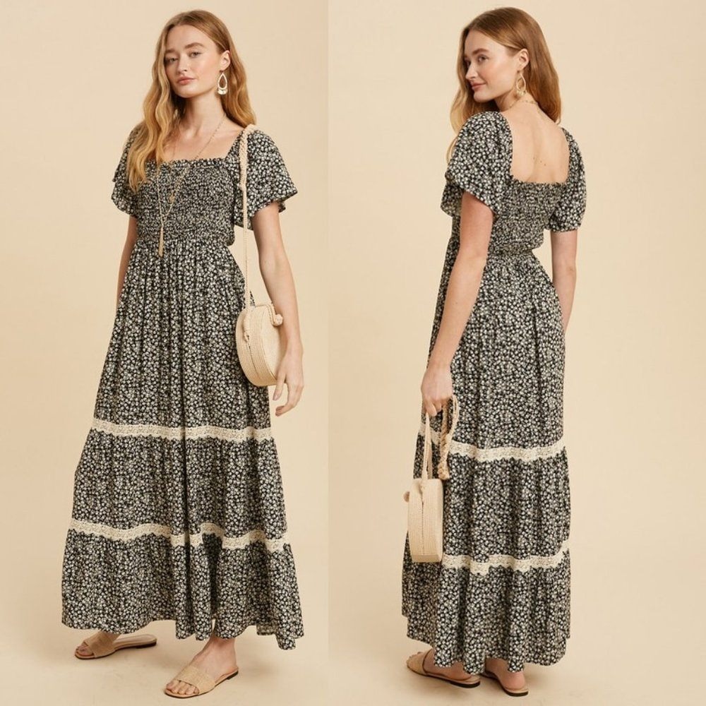 In Loom Black Ditsy Floral Smocked Square Neck Boho Maxi Dress Size Large